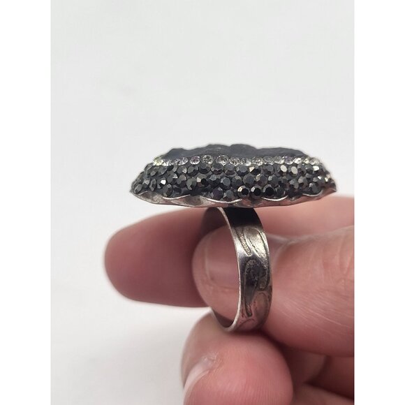Vintage N-TR Sterling Silver Gray Druzy Quartz Crystal Marcasite Ring SZ 7 - Picture 11 of 11